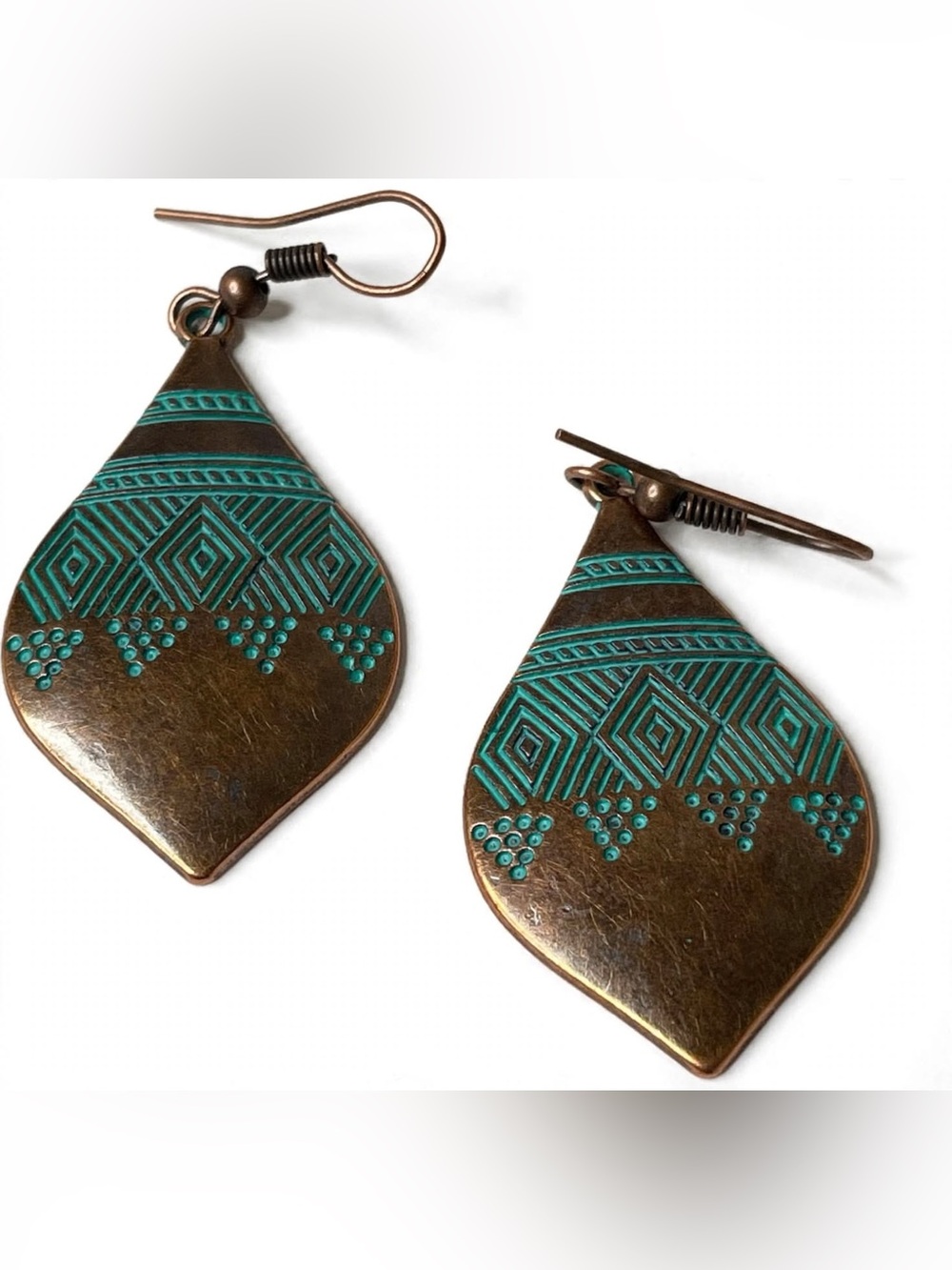 Copper and Teal Southwest Elegance: Tribal Etched Lightweight Earrings